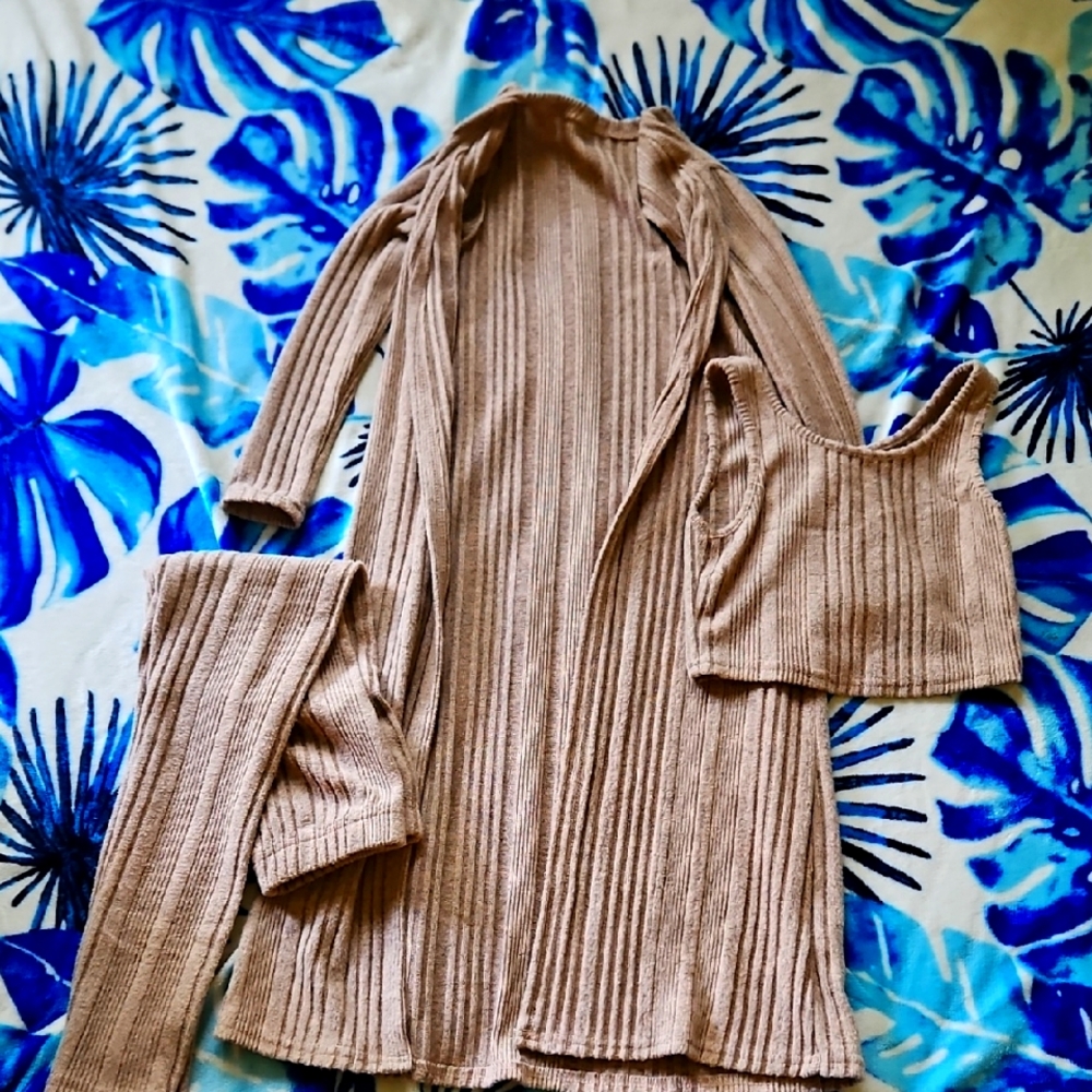 Tan Ribbed Knit Three-Piece Set